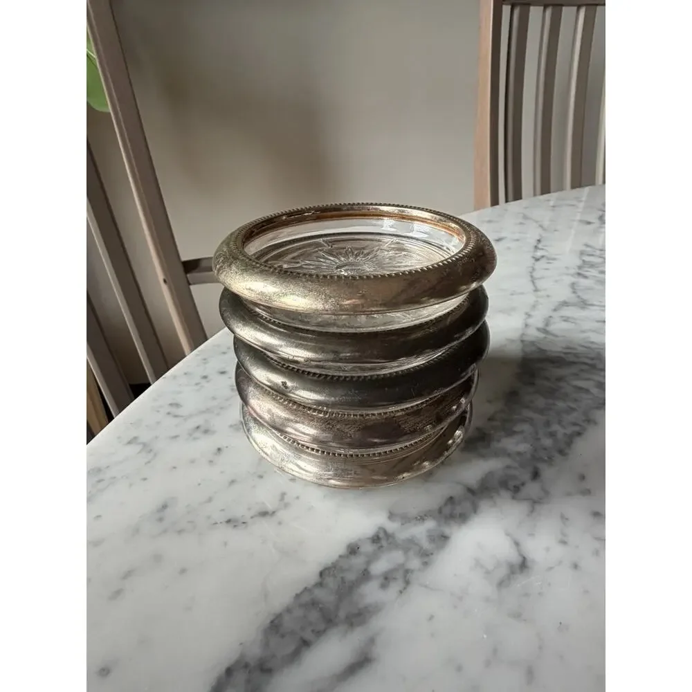 Set of 5 Leonard Silver Plated Glass Coaster Starburst Pattern Round Stackable